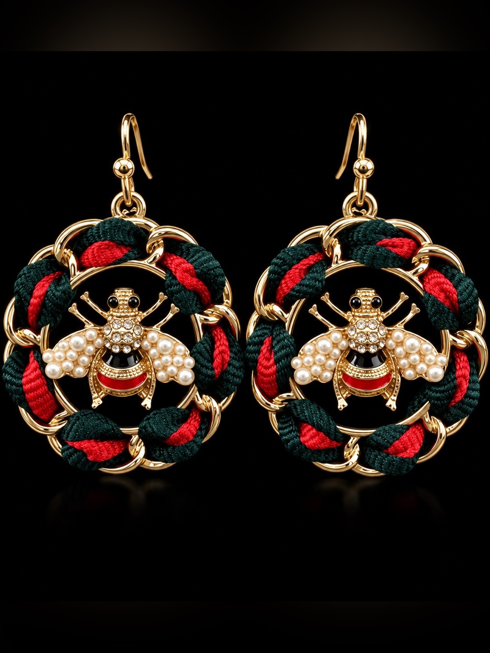 Gold Bee Hoop Earrings with Green and Red Accents